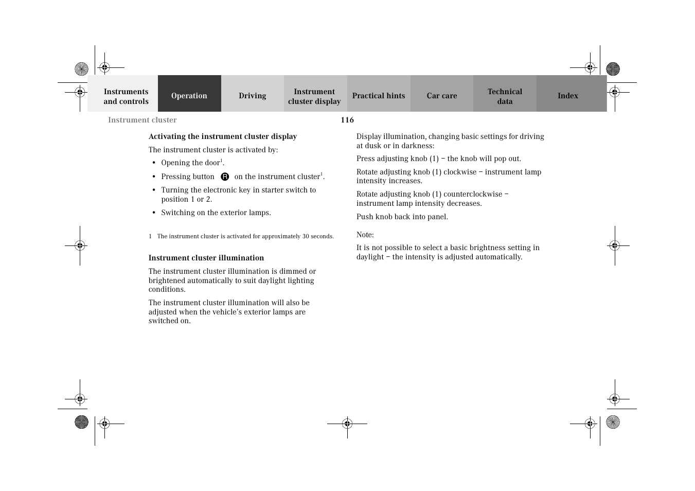Instrument cluster:activating, Display illumination | Mercedes-Benz 2002 CL 600 User Manual | Page 119 / 430