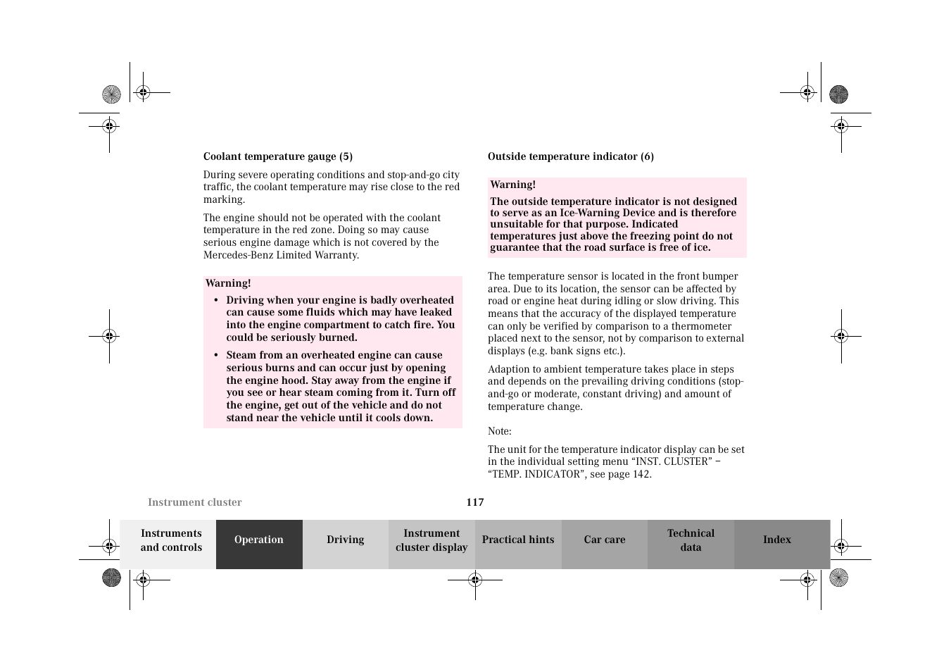 Coolant temperature gauge, Outside temperature indicator | Mercedes-Benz 2002 CL 600 User Manual | Page 120 / 430
