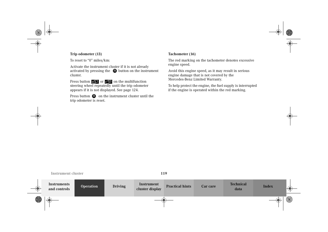 Trip odometer, Tachometer, 119 an | Mercedes-Benz 2002 CL 600 User Manual | Page 122 / 430