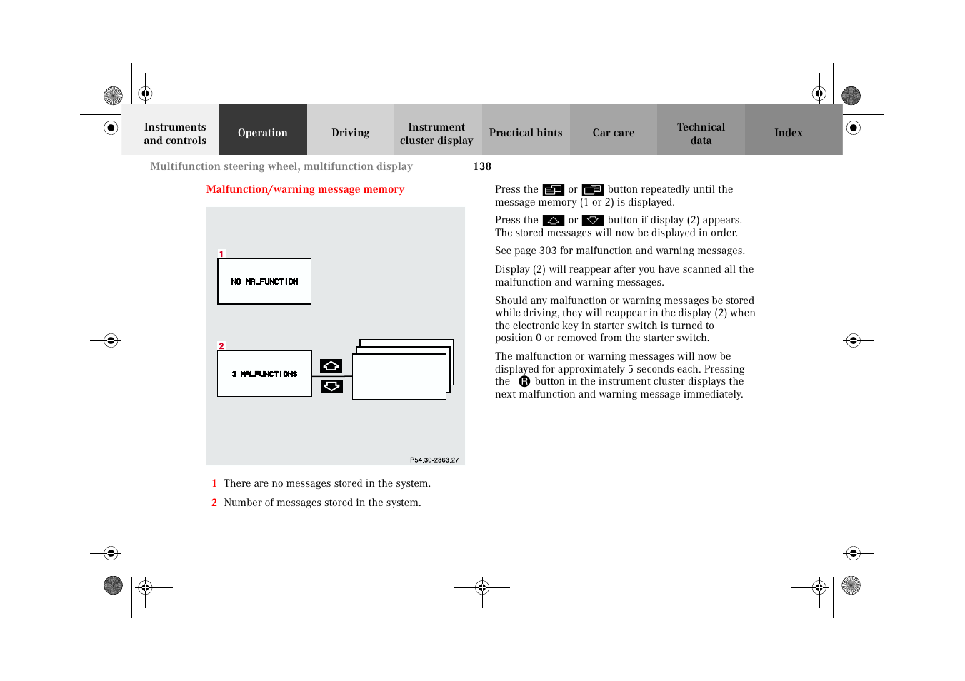 Malfunction/warning message memory, Malfunction/warning, Message memory | Mercedes-Benz 2002 CL 600 User Manual | Page 141 / 430