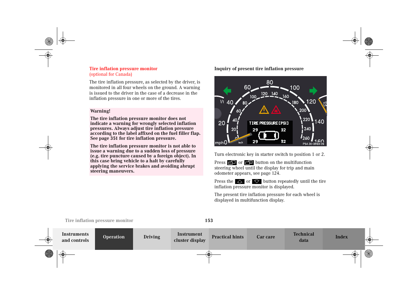 Tire inflation pressure monitor, Inquiry of present tire inflation pressure, Tire inflation pressure | Monitor | Mercedes-Benz 2002 CL 600 User Manual | Page 156 / 430