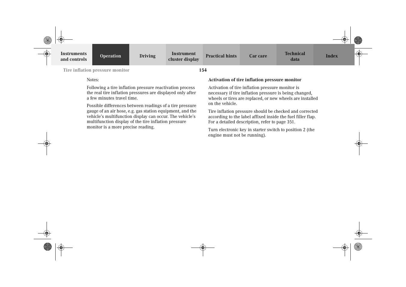 Activation of tire inflation pressure monitor | Mercedes-Benz 2002 CL 600 User Manual | Page 157 / 430