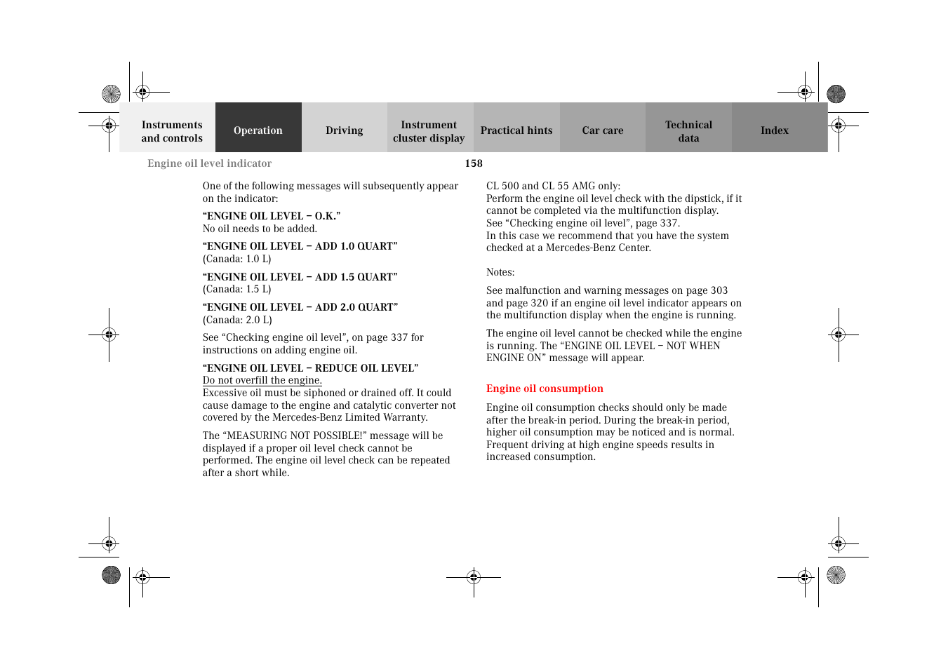 Engine oil consumption | Mercedes-Benz 2002 CL 600 User Manual | Page 161 / 430