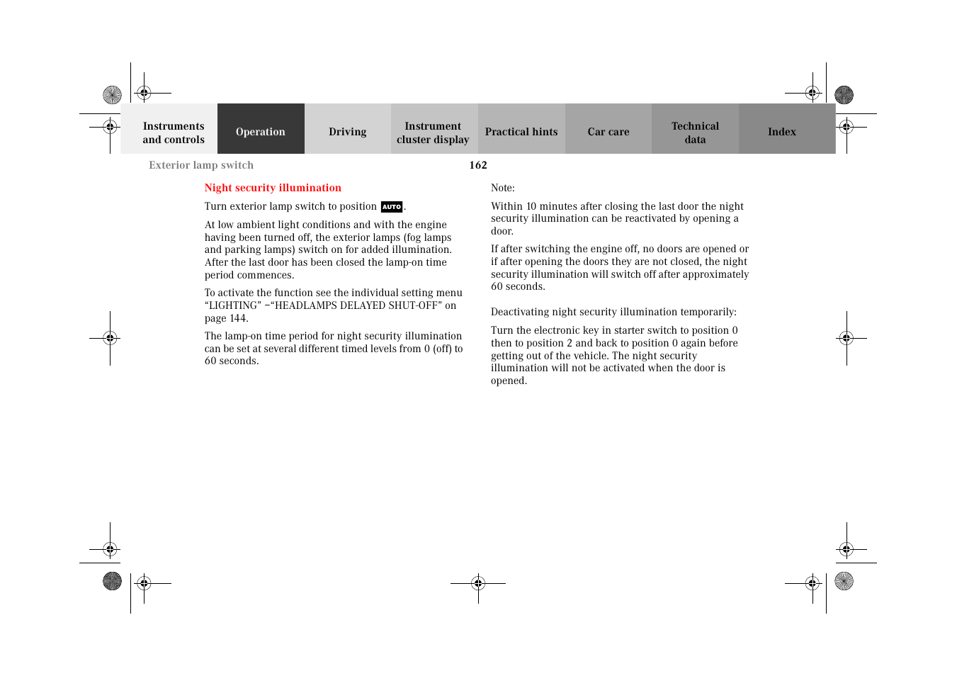 Night security illumination | Mercedes-Benz 2002 CL 600 User Manual | Page 165 / 430