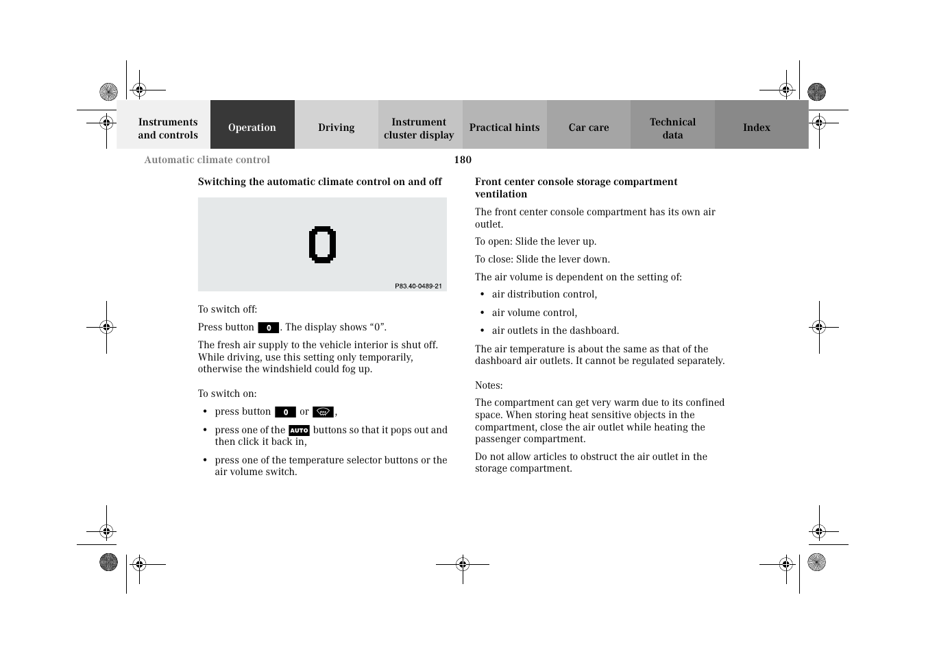 Switching the automatic climate control on and off | Mercedes-Benz 2002 CL 600 User Manual | Page 183 / 430