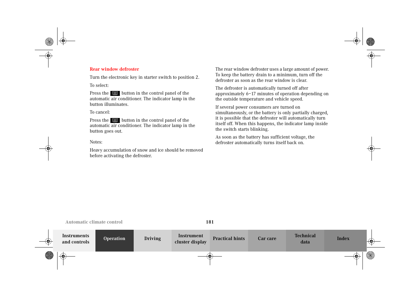 Rear window defroster | Mercedes-Benz 2002 CL 600 User Manual | Page 184 / 430
