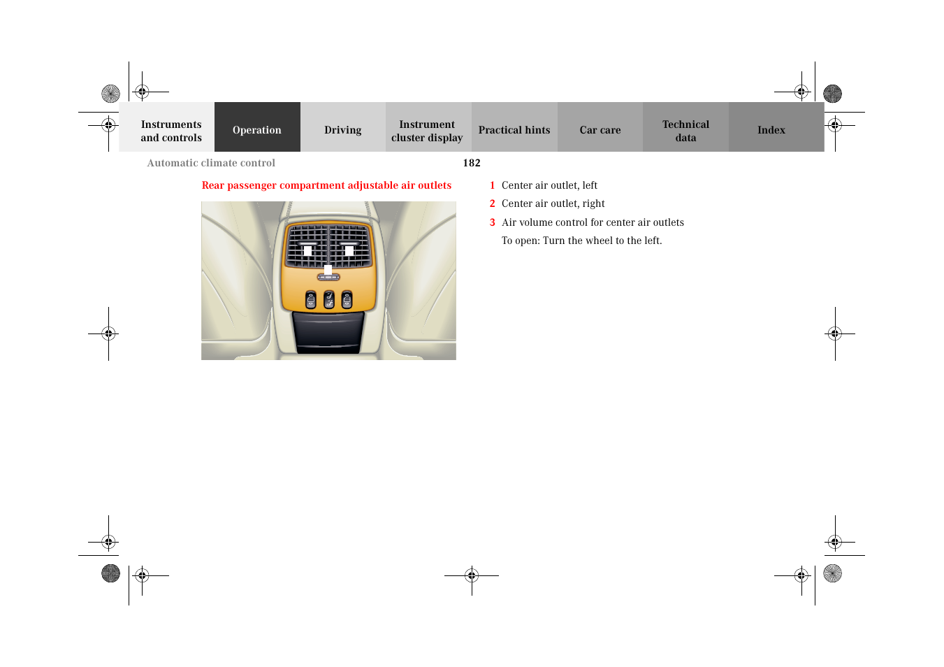 Rear passenger compartment adjustable air outlets, Rear passenger compartment, Adjustable air outlets | Mercedes-Benz 2002 CL 600 User Manual | Page 185 / 430
