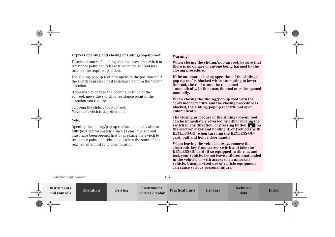 Express opening and closing of sliding/pop-up roof | Mercedes-Benz 2002 CL 600 User Manual | Page 190 / 430