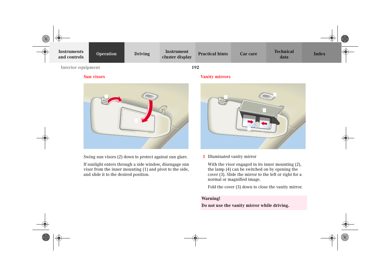 Sun visors, Vanity mirrors, Sun visors vanity mirrors | Mercedes-Benz 2002 CL 600 User Manual | Page 195 / 430