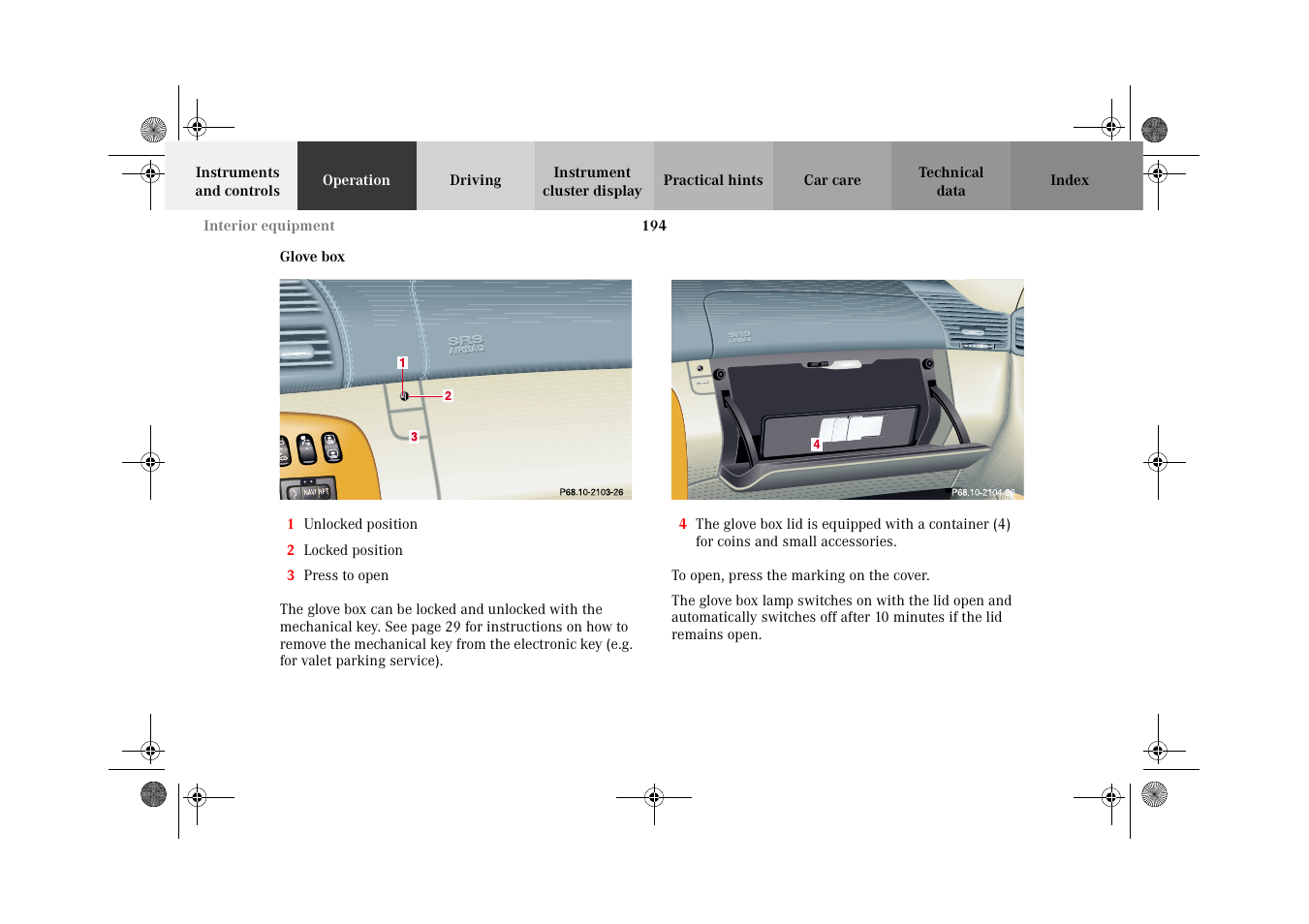 Glove box | Mercedes-Benz 2002 CL 600 User Manual | Page 197 / 430
