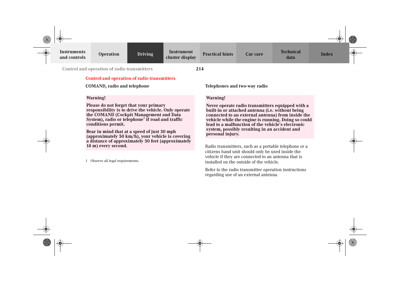 Driving, Comand, radio and telephone, Telephones and two-way radios | Telephones and two-way radio, Control and operation of, Radio transmitters | Mercedes-Benz 2002 CL 600 User Manual | Page 217 / 430