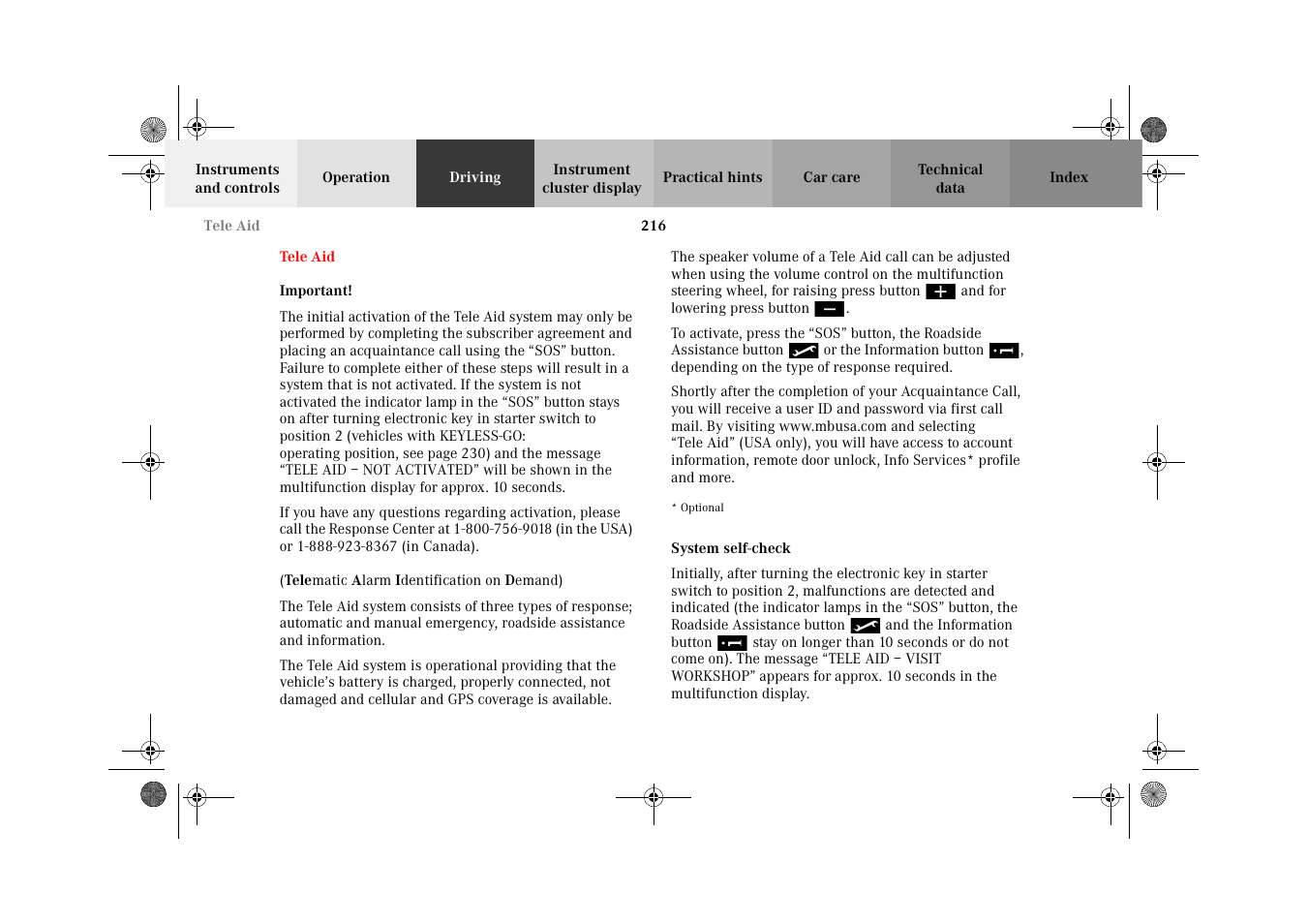 Tele aid, System self-check | Mercedes-Benz 2002 CL 600 User Manual | Page 219 / 430