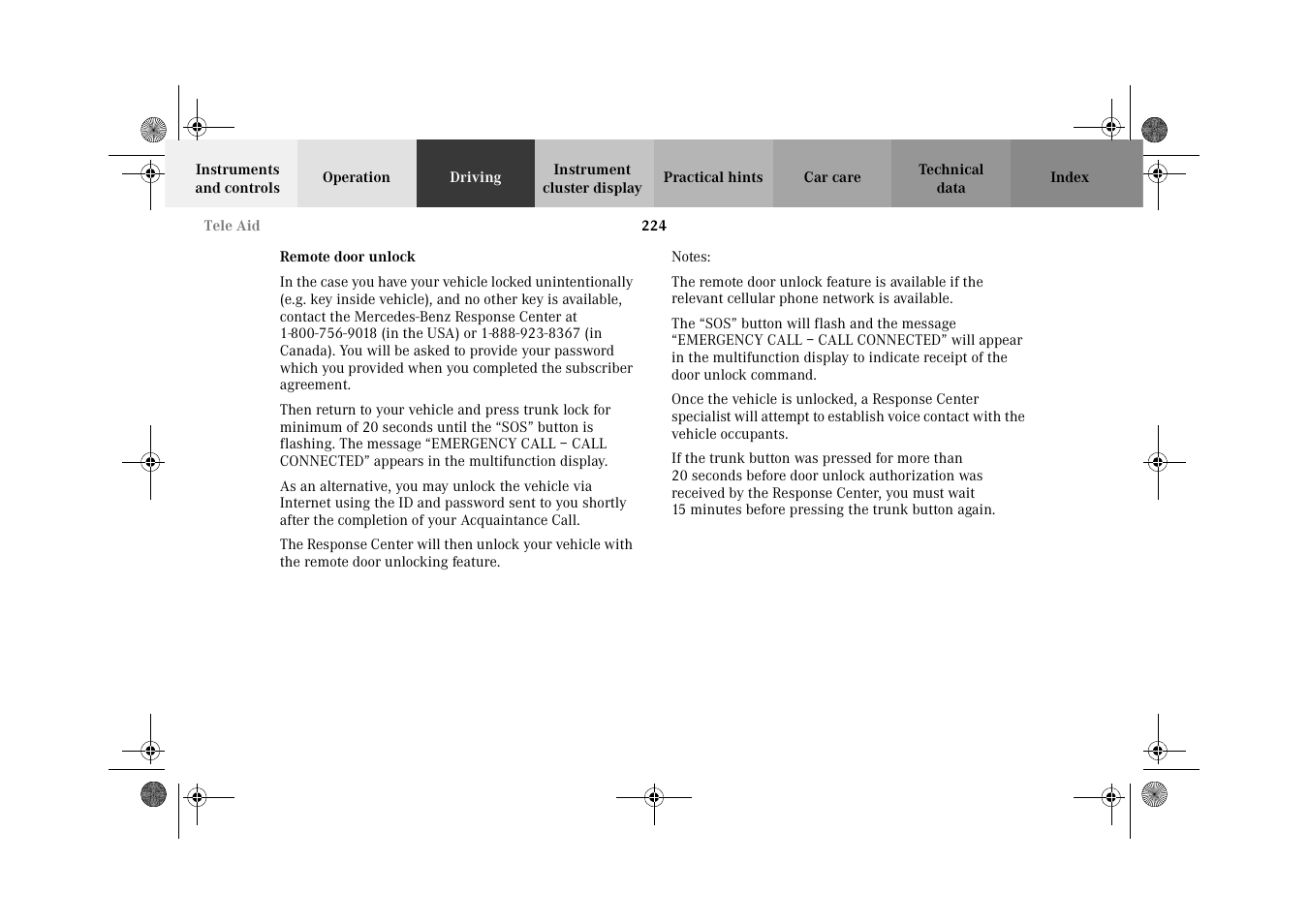 Remote door unlock | Mercedes-Benz 2002 CL 600 User Manual | Page 227 / 430