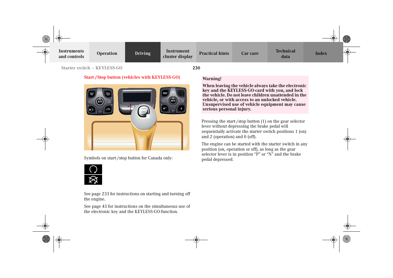 Starter switch – keyless-go | Mercedes-Benz 2002 CL 600 User Manual | Page 233 / 430