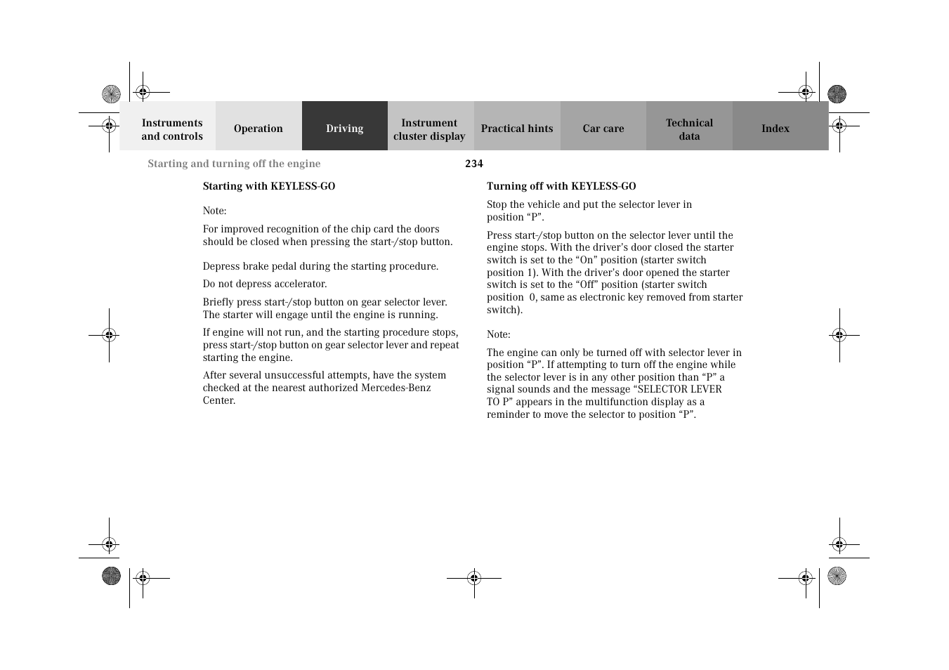 Starting the engine:keyless-go, Turning off the engine:keyless-go, 234 an | Mercedes-Benz 2002 CL 600 User Manual | Page 237 / 430