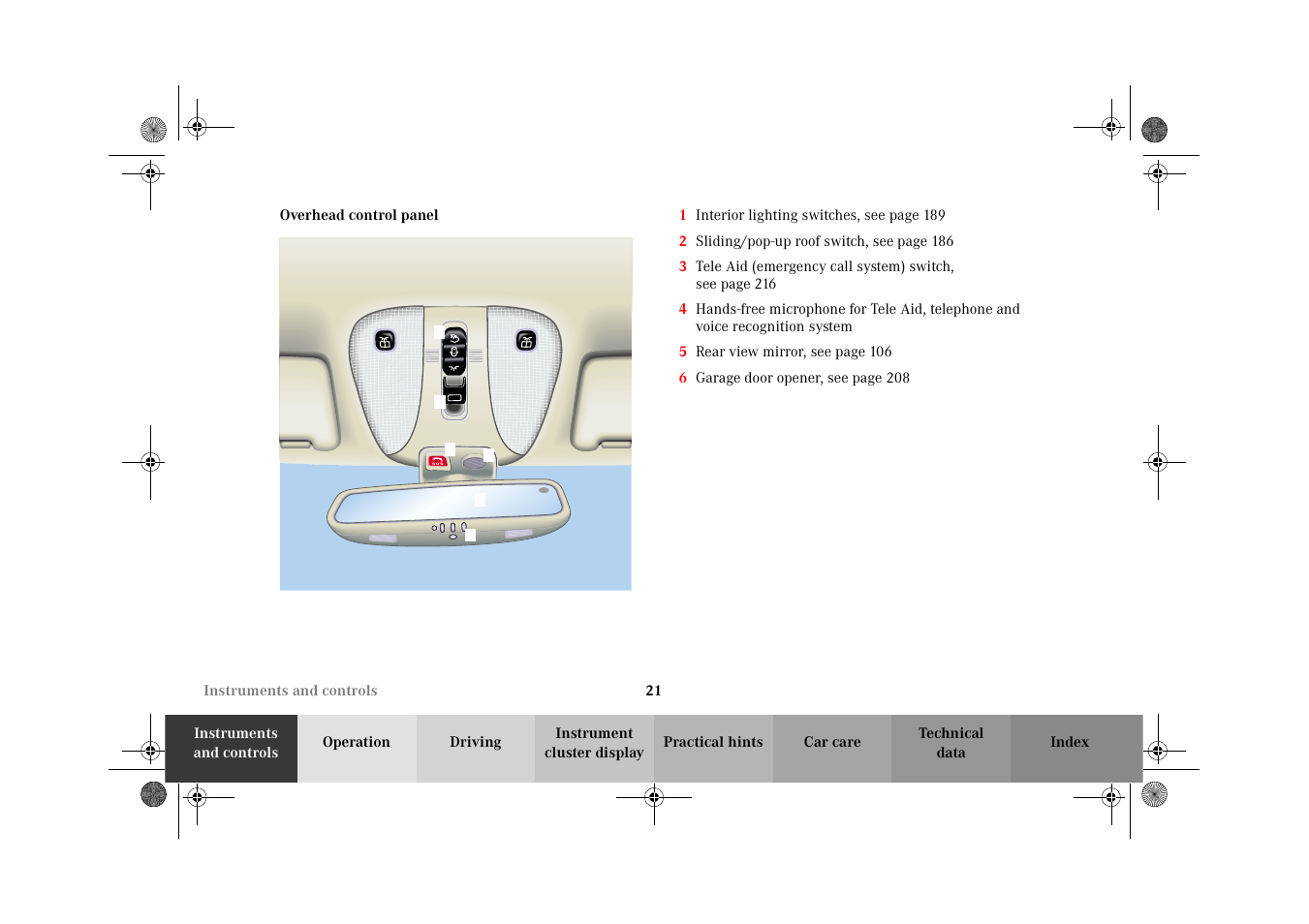 Overhead control panel | Mercedes-Benz 2002 CL 600 User Manual | Page 24 / 430