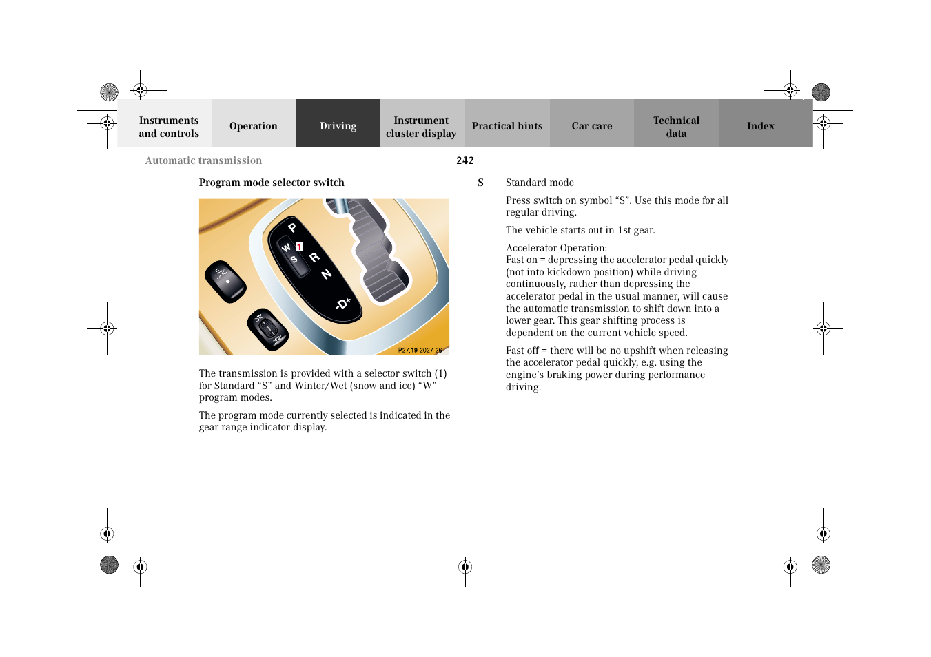 Program mode selector switch | Mercedes-Benz 2002 CL 600 User Manual | Page 245 / 430