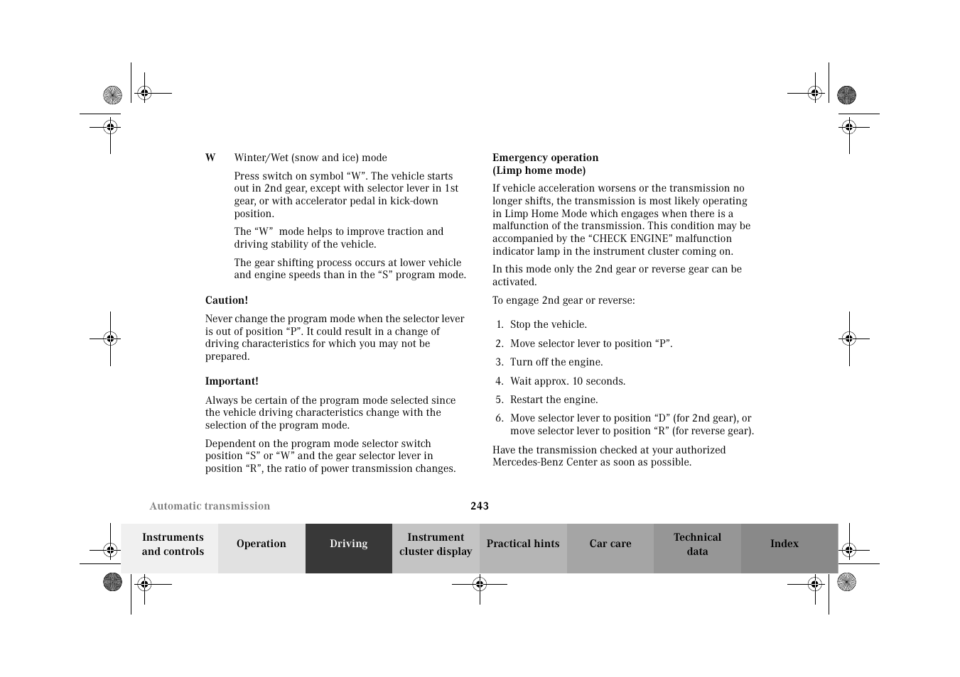 Automatic transmission:emergency operation | Mercedes-Benz 2002 CL 600 User Manual | Page 246 / 430