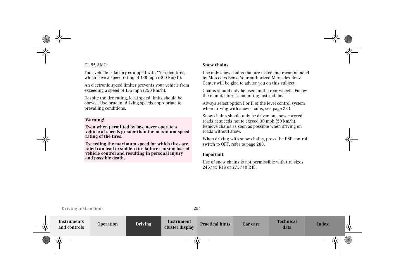 Snow chains | Mercedes-Benz 2002 CL 600 User Manual | Page 254 / 430