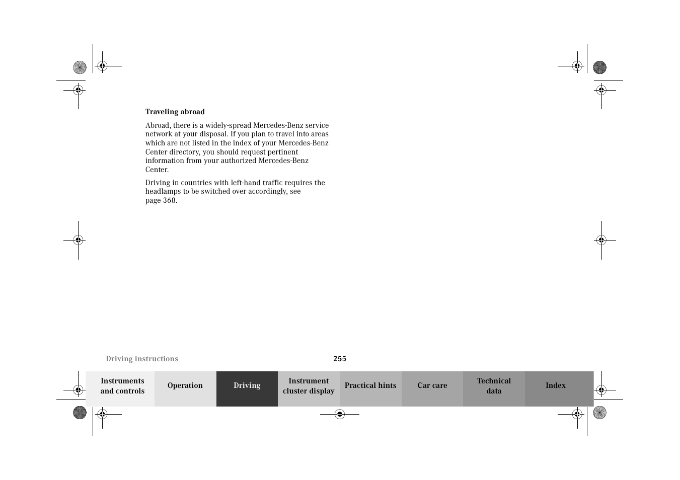 Traveling abroad | Mercedes-Benz 2002 CL 600 User Manual | Page 258 / 430