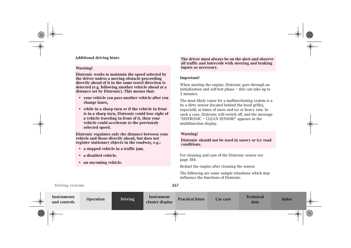 Distronic (dtr):additional driving hints | Mercedes-Benz 2002 CL 600 User Manual | Page 270 / 430