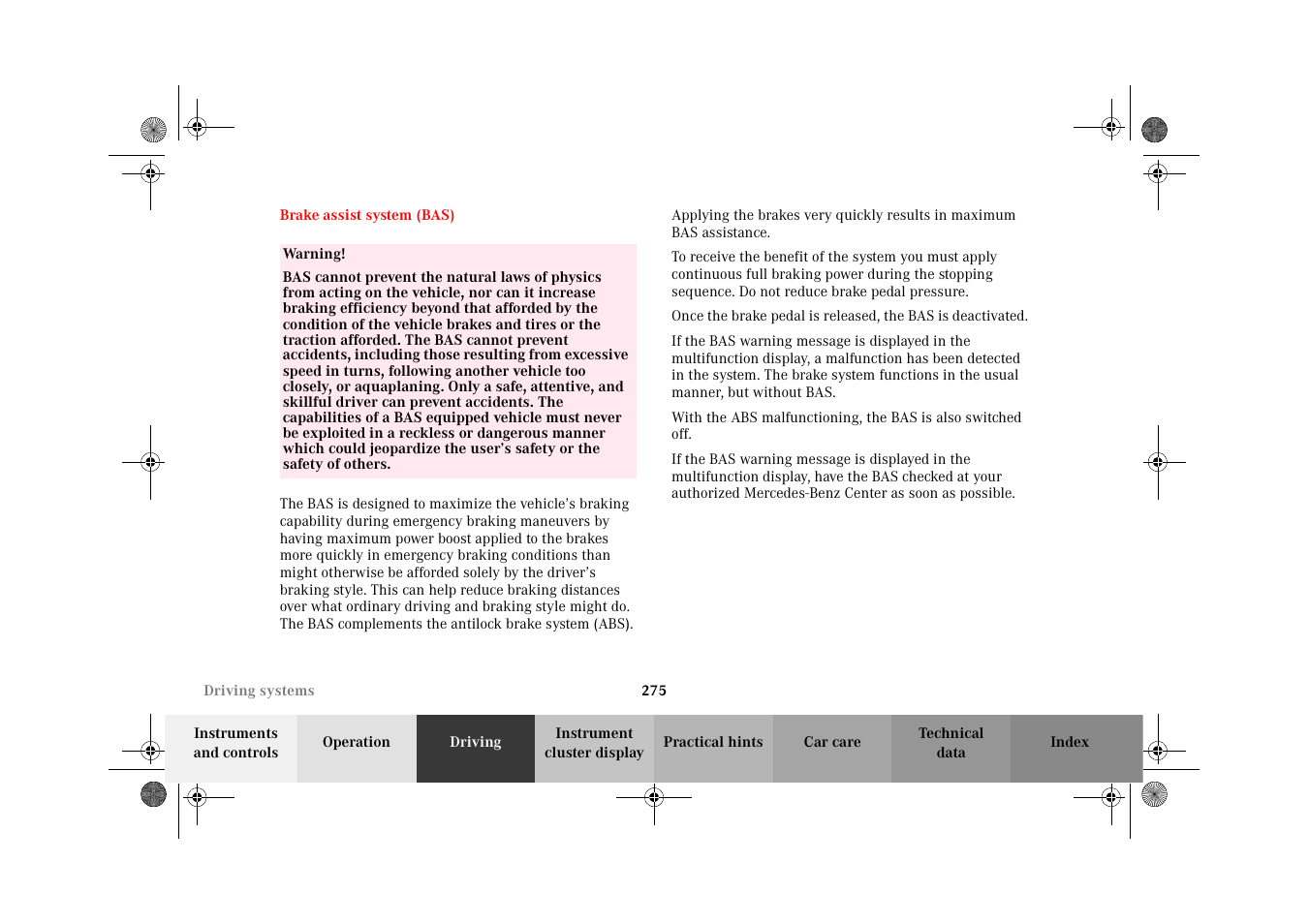 Brake assist system (bas) | Mercedes-Benz 2002 CL 600 User Manual | Page 278 / 430