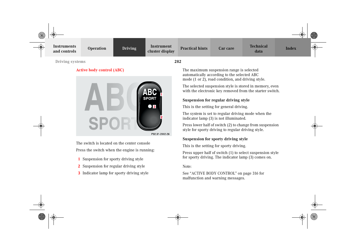 Active body control (abc) | Mercedes-Benz 2002 CL 600 User Manual | Page 285 / 430