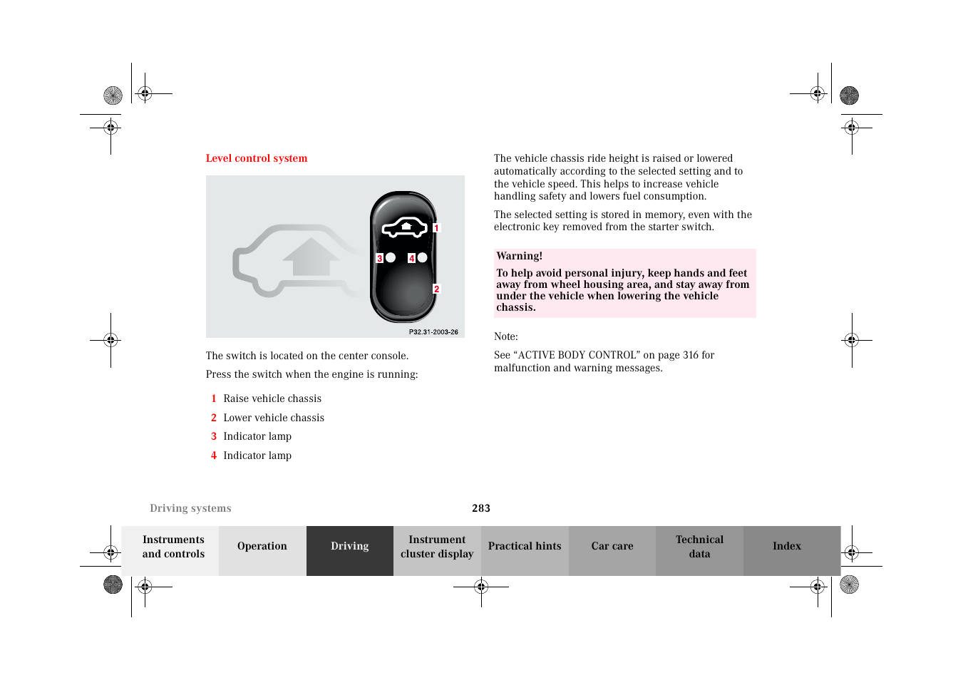 Level control system | Mercedes-Benz 2002 CL 600 User Manual | Page 286 / 430