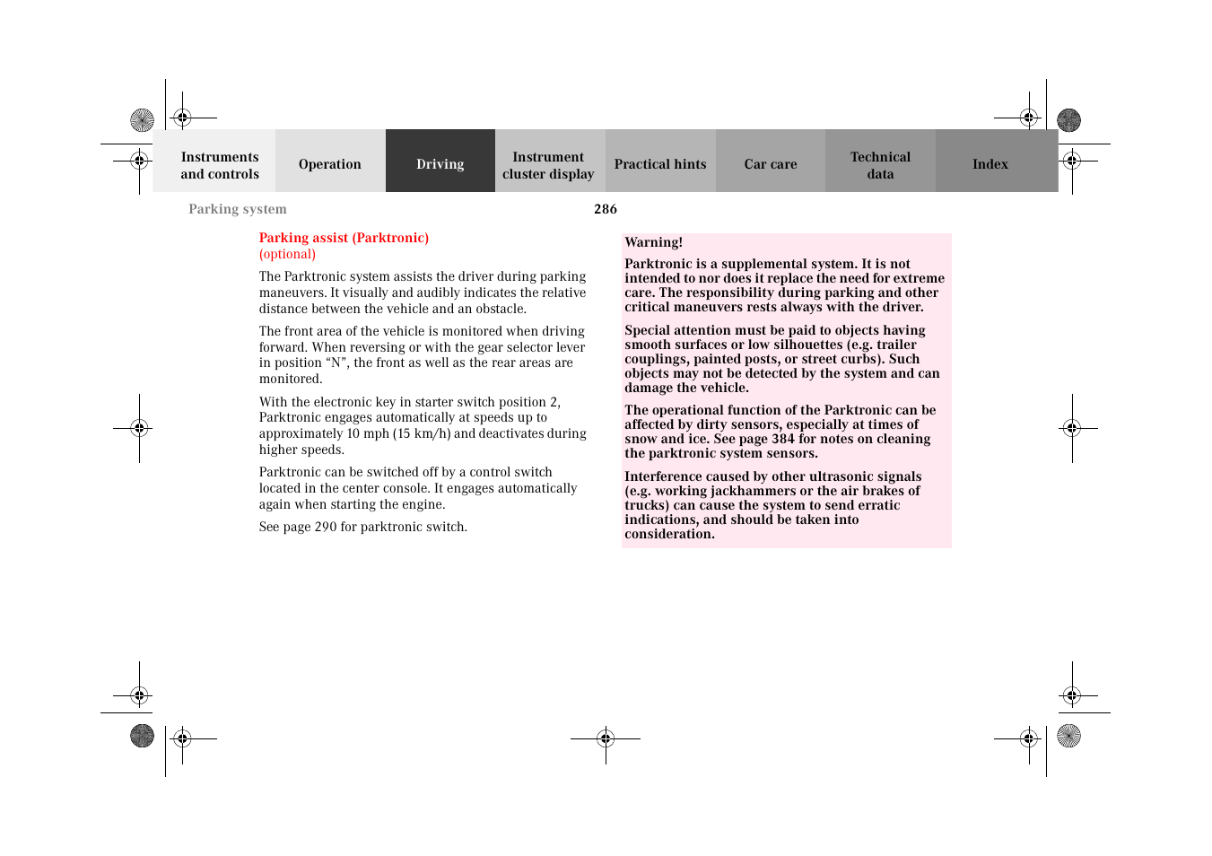 Parking assist (parktronic), Parking assist, Parktronic) | Mercedes-Benz 2002 CL 600 User Manual | Page 289 / 430