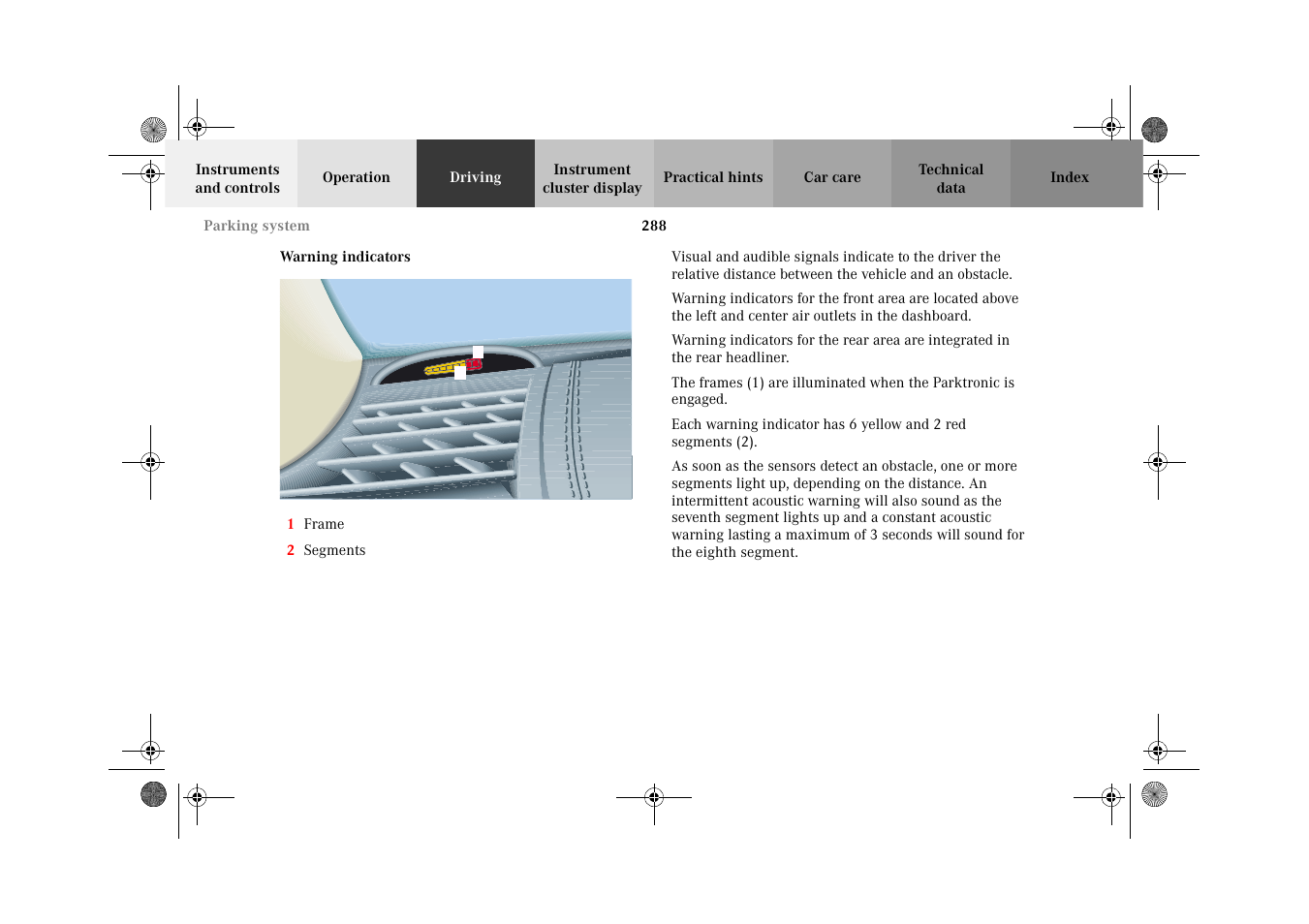 Warning indicators | Mercedes-Benz 2002 CL 600 User Manual | Page 291 / 430