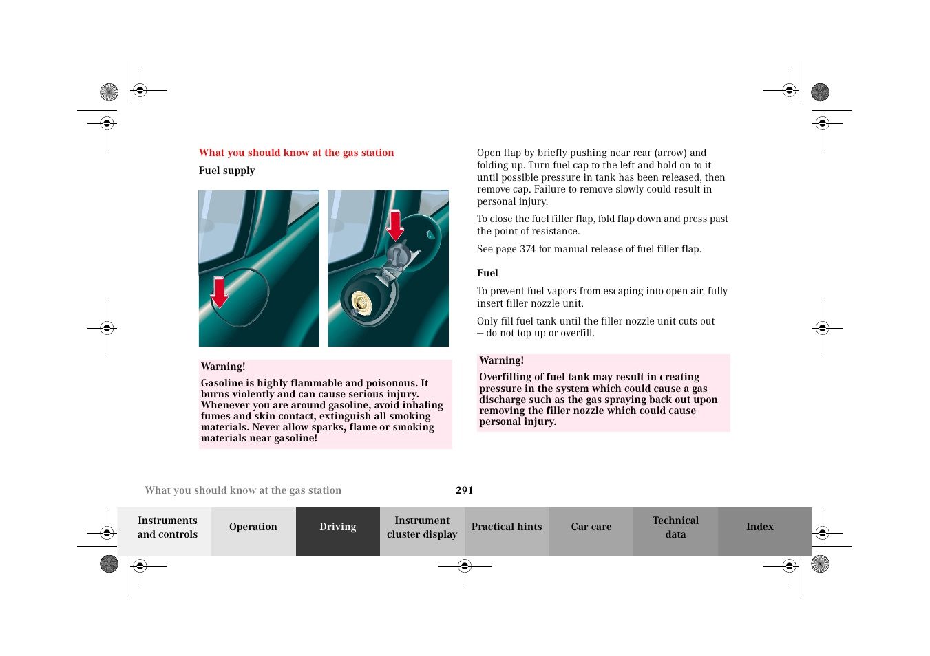 What you should know at the gas station, What you should know, At the gas station | Mercedes-Benz 2002 CL 600 User Manual | Page 294 / 430