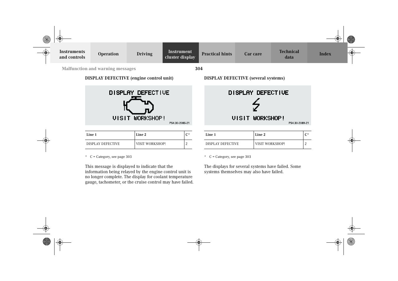 Display defective (engine control unit), Display defective (several systems) | Mercedes-Benz 2002 CL 600 User Manual | Page 307 / 430