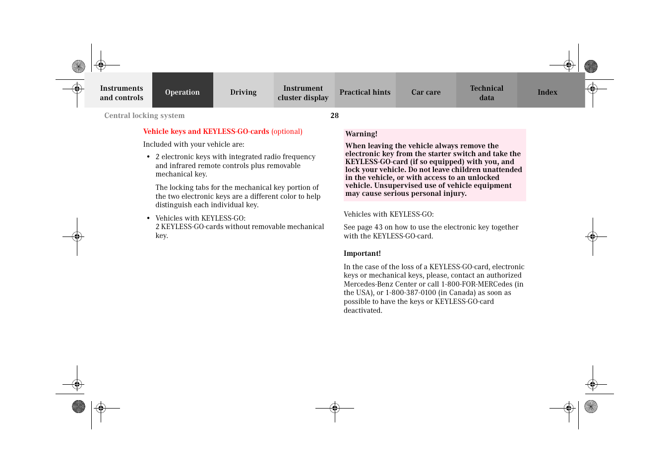 Operation, Vehicle keys | Mercedes-Benz 2002 CL 600 User Manual | Page 31 / 430