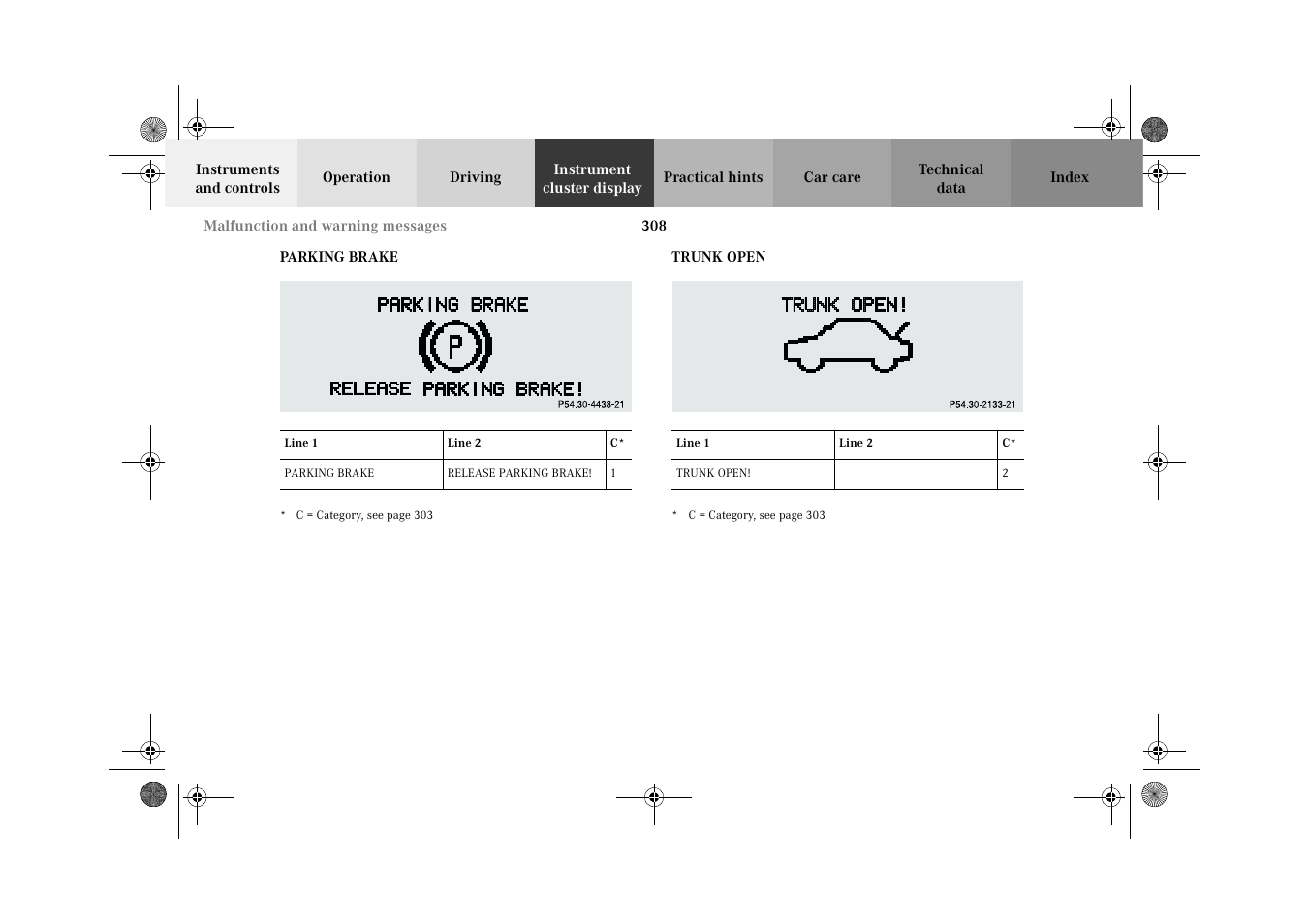 Parking brake, Trunk open, Parking brake trunk open | Mercedes-Benz 2002 CL 600 User Manual | Page 311 / 430