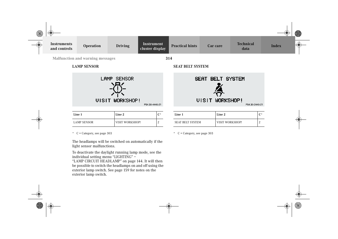 Lamp sensor, Seat belt system, Lamp sensor seat belt system | Mercedes-Benz 2002 CL 600 User Manual | Page 317 / 430
