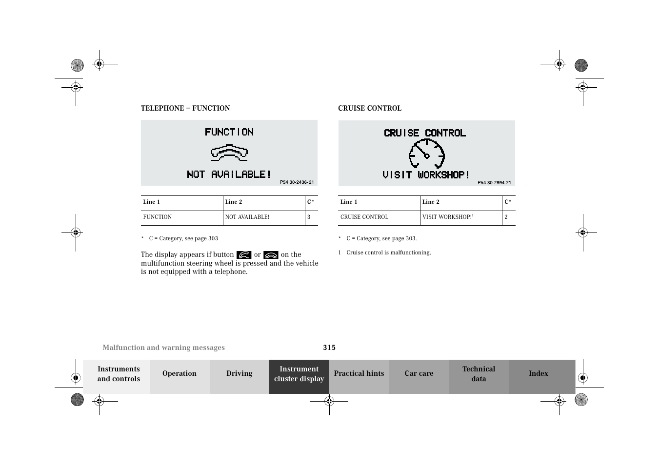 Telephone – function, Cruise control, Telephone – function cruise control | Mercedes-Benz 2002 CL 600 User Manual | Page 318 / 430
