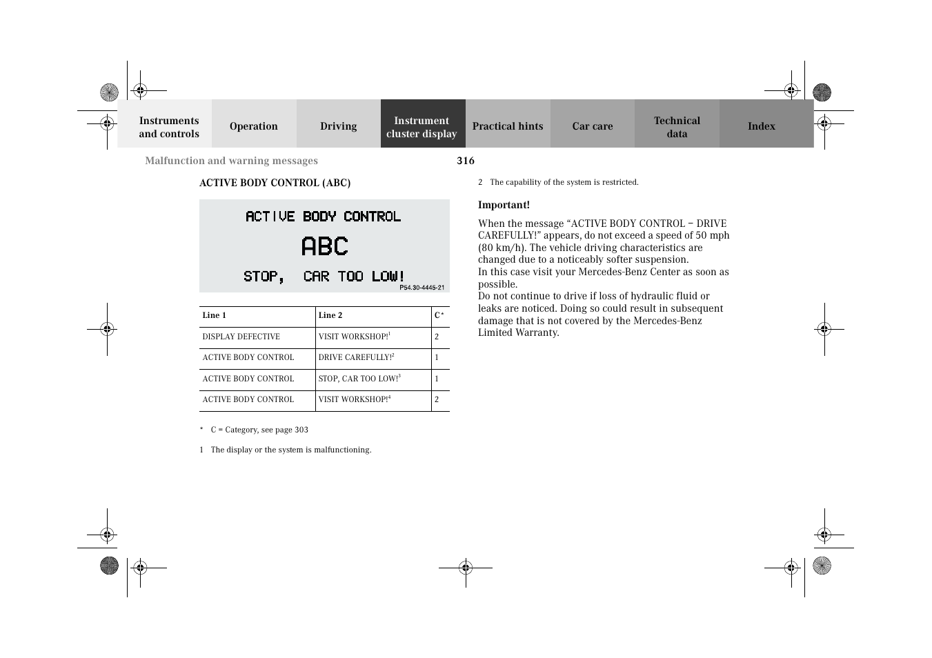 Active body control (abc) | Mercedes-Benz 2002 CL 600 User Manual | Page 319 / 430