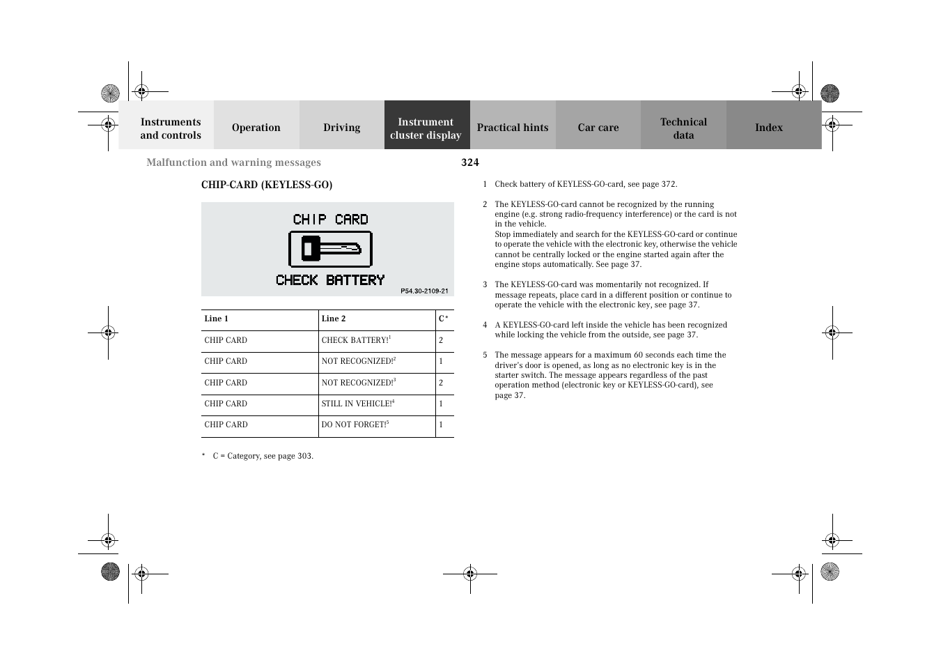 Chip-card (keyless-go) | Mercedes-Benz 2002 CL 600 User Manual | Page 327 / 430