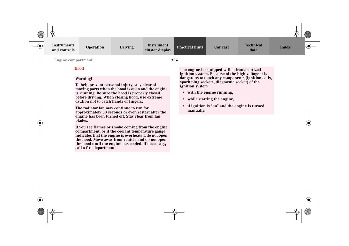 Engine compartment, Hood | Mercedes-Benz 2002 CL 600 User Manual | Page 337 / 430