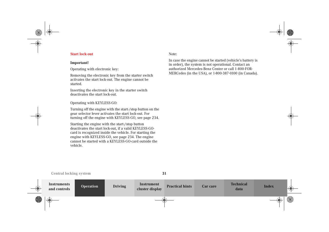 Start lock-out | Mercedes-Benz 2002 CL 600 User Manual | Page 34 / 430