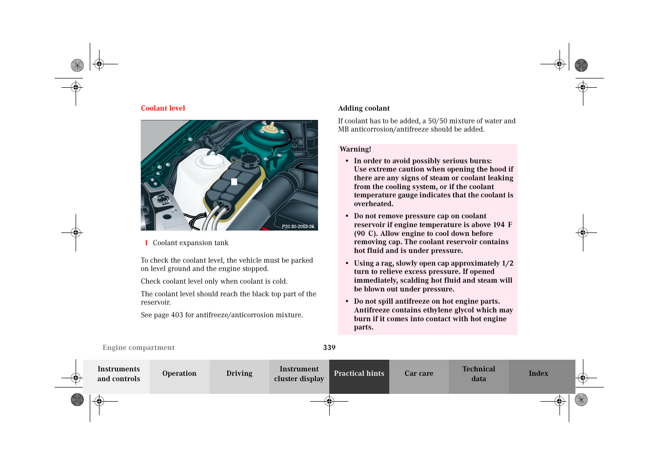 Coolant level, Adding coolant | Mercedes-Benz 2002 CL 600 User Manual | Page 342 / 430
