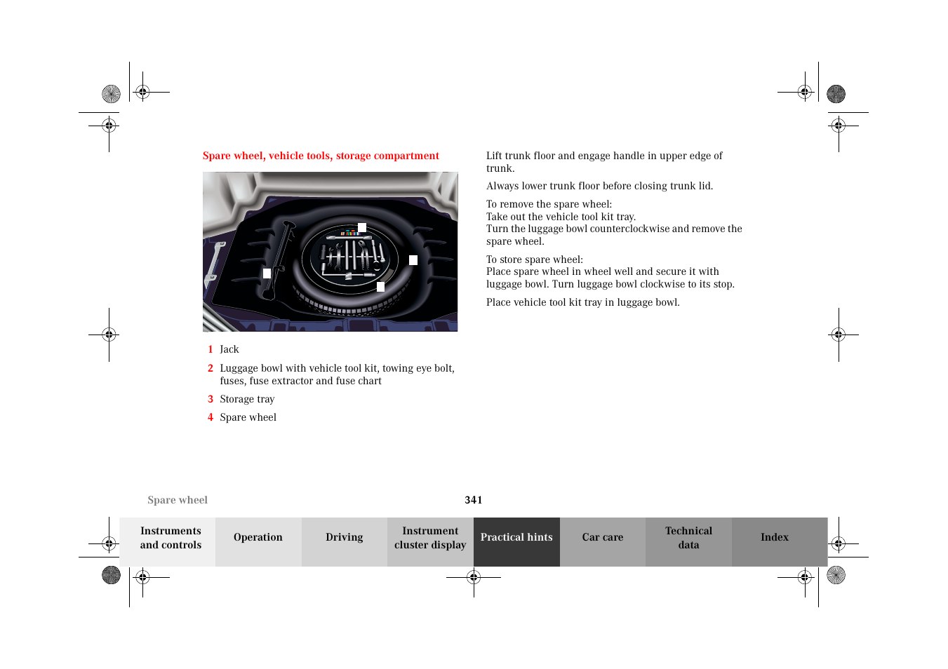 Spare wheel, vehicle tools, storage compartment, Spare wheel, vehicle tools, storage, Compartment | 341 f | Mercedes-Benz 2002 CL 600 User Manual | Page 344 / 430