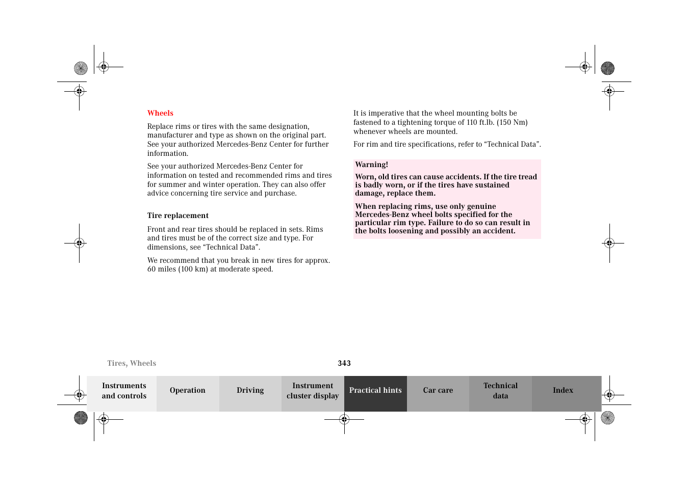 Wheels, Tire replacement | Mercedes-Benz 2002 CL 600 User Manual | Page 346 / 430