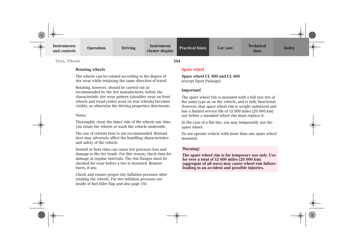 Rotating wheels, Spare wheel, Spare wheel cl500 and cl600 | Mercedes-Benz 2002 CL 600 User Manual | Page 347 / 430