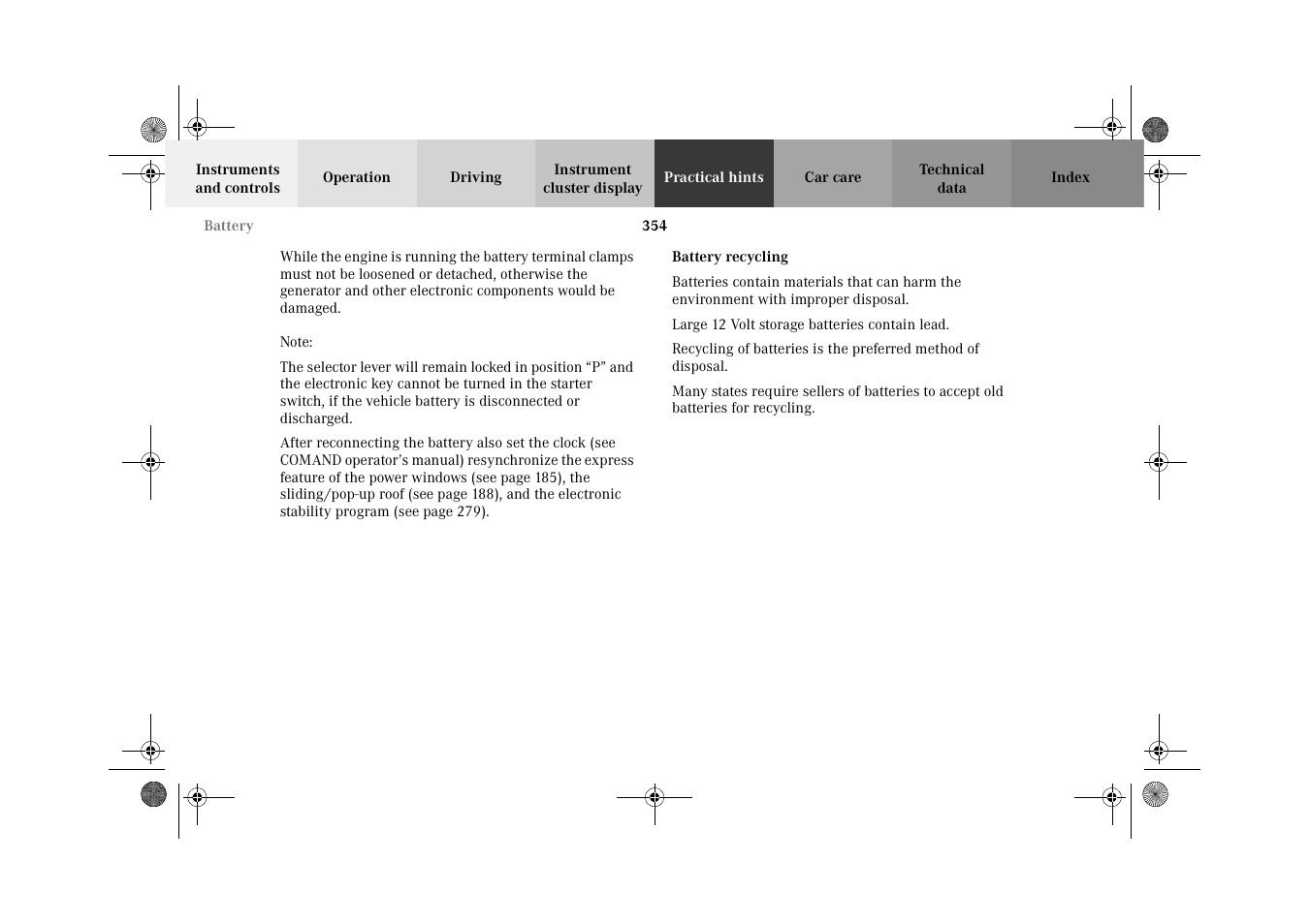 Battery:battery recycling | Mercedes-Benz 2002 CL 600 User Manual | Page 357 / 430