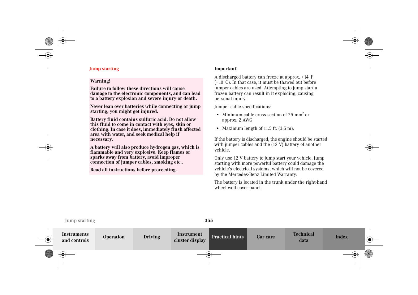 Jump starting | Mercedes-Benz 2002 CL 600 User Manual | Page 358 / 430