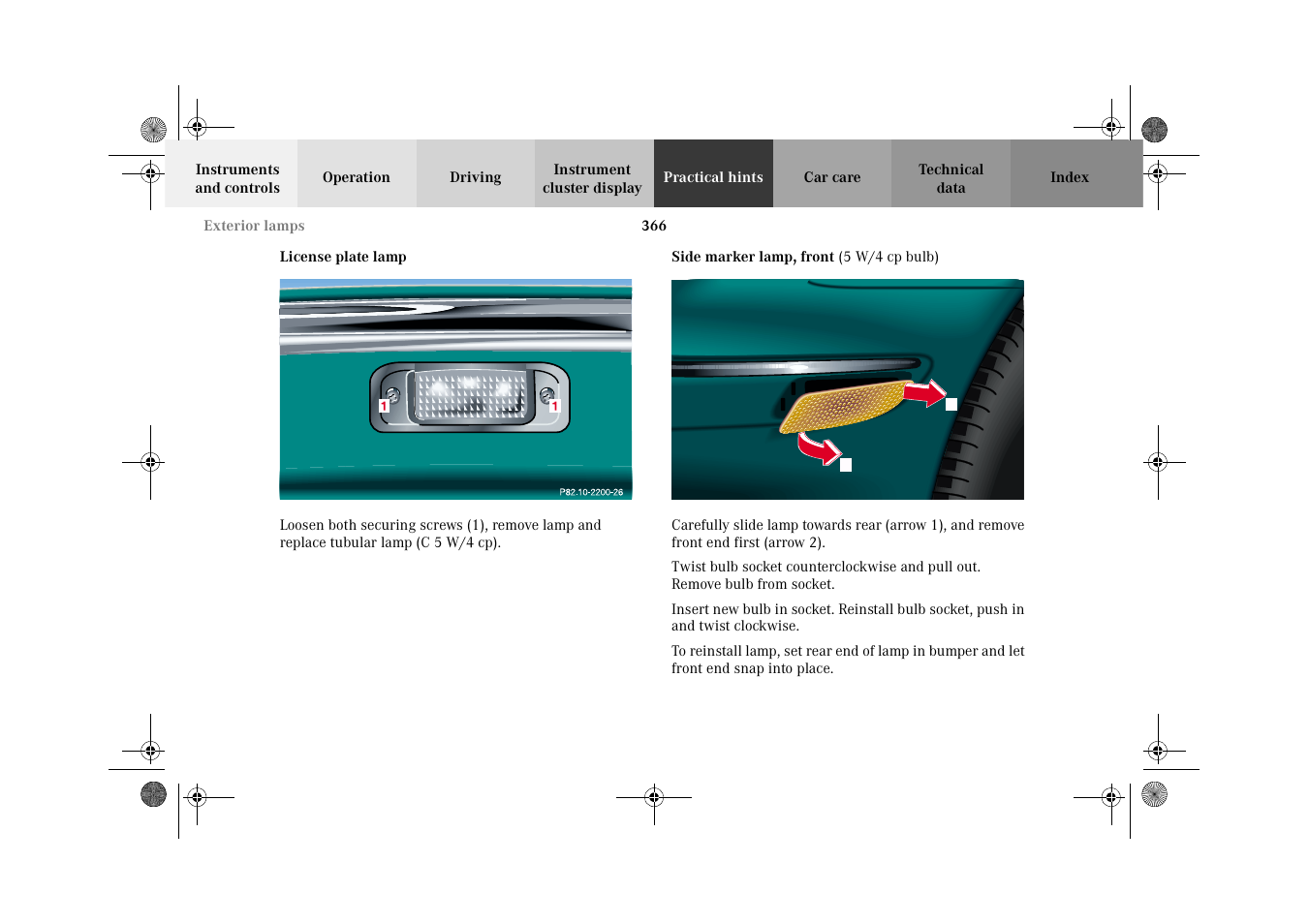 License plate lamp, Exterior lamps:side marker lamp, front | Mercedes-Benz 2002 CL 600 User Manual | Page 369 / 430