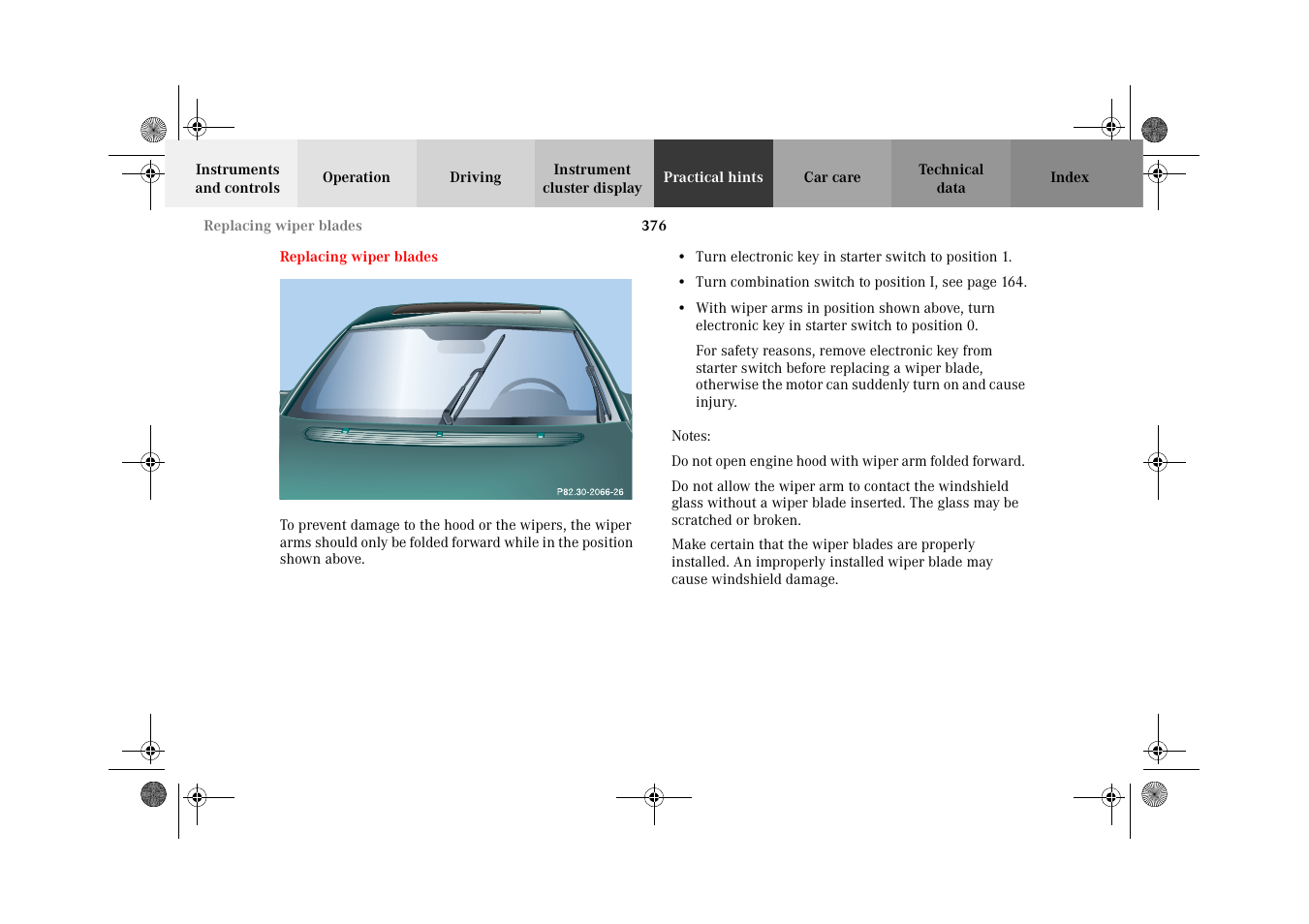 Replacing wiper blades | Mercedes-Benz 2002 CL 600 User Manual | Page 379 / 430