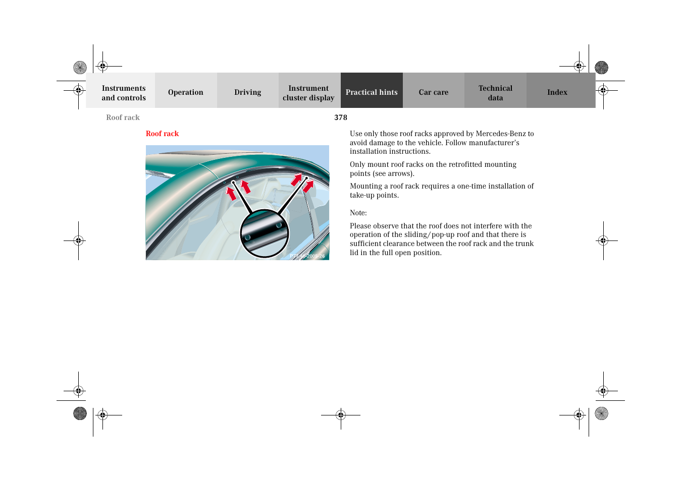 Roof rack | Mercedes-Benz 2002 CL 600 User Manual | Page 381 / 430