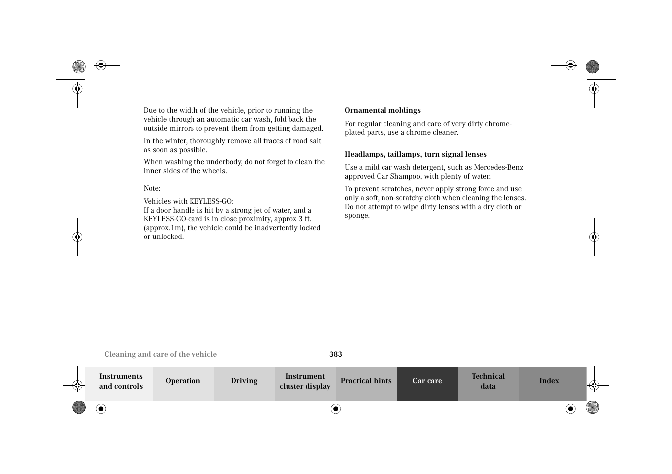 Ornamental moldings, Headlamps, taillamps, turn signal lenses | Mercedes-Benz 2002 CL 600 User Manual | Page 386 / 430